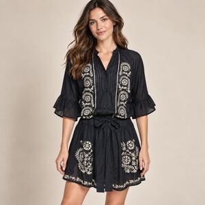 Ruby Yaya Embroidered Cotton Mini Dress M Black Cream Boho Belted Bell Sleeve